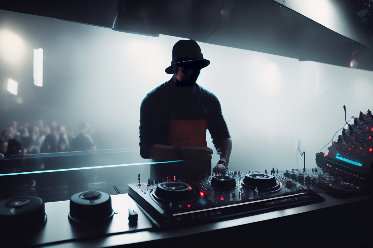 DJ in a smoky room event organizing equipment rental