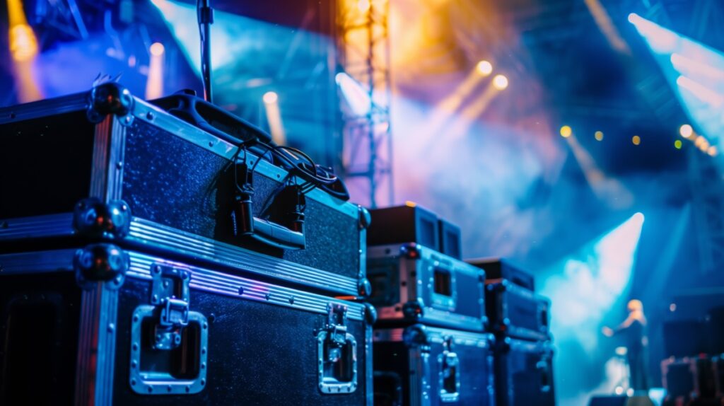 Cases for music equipment at a festival